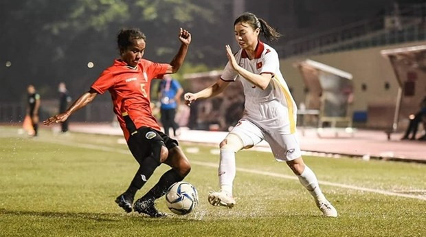 Le Vietnam a tenu son rang en écrasant 6-0 le Timor-Leste à Manille, aux Philippines. Photo : VNA.