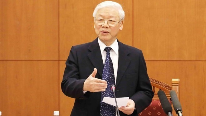 Le Secrétaire général du PCV et Président du Vietnam, Nguyên Phu Trong, lors de la réunion. Photo : VNA.