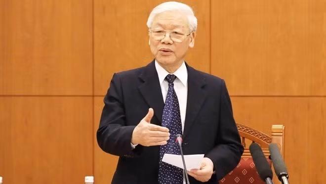 Le Secrétaire général du PCV et Président du Vietnam, Nguyên Phu Trong, lors de la réunion. Photo : VNA.