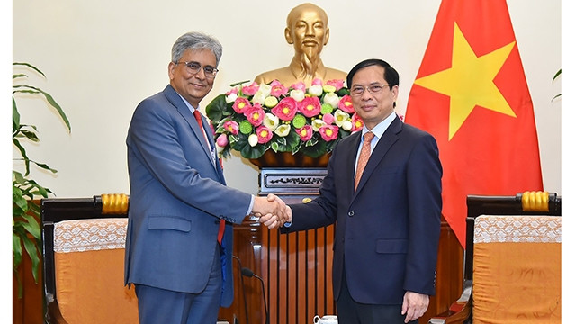 Le ministre vietnamien des AE, Bùi Thanh Son (à droite), et le vice-ministre indien des AE, Saurabh Kumar. Photo : baoquocte.vn.