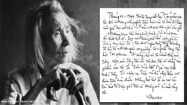 Le compositeur Van Cao (1923 - 1995) et son manuscrit racontant l'histoire de l'écriture de la chanson « Tiên quân ca » (Les troupes avancent). Photo : VNA.