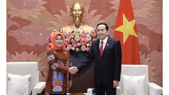 Le vice-président permanent de l’Assemblée nationale vietnamienne, Trân Thanh Mân, et Sylviana Murin, présidente de la Commission de la coopération parlementaire du Conseil représentatif des régions d’Indonésie. Photo : VNA.
