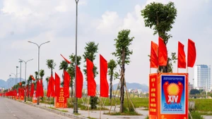 Un ensemble de panneaux, affiches et banderoles célébrant le XIVᵉ Congrès national du Parti est installé avec éclat le long de l’axe routier Dinh Dien. Photo : baoninhbinh.org.vn