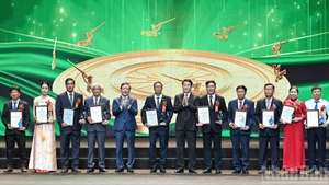 Le président de la République, Luong Cuong, et Luong Quoc Doan ont remis les trophées et certificats au groupe des « Paysans milliardaires et intégration internationale ». Photo : nhandan.vn
