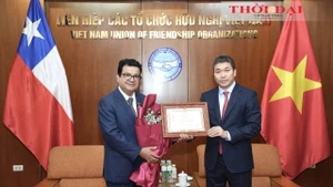 Le président de l’Union des organisations d’amitié du Vietnam, Phan Anh Son (à droite), remet l’Insigne "Pour la paix et l’amitié entre les peuples” à l’ambassadeur du Chili au Vietnam, Sergio Narea Guzmán. Photo : thoidai.com.vn