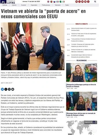 L'article intitulé « Le Vietnam ouvre la « porte d'acier » dans ses relations commerciales avec les États-Unis », publié le 11 avril par Prensa Latina. Photo : VNA.