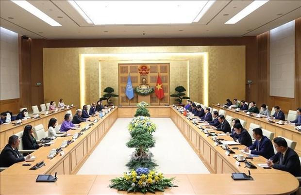 Lors de la rencontre entre le Premier ministre vietnamien, Pham Minh Chinh, et le Secrétaire général de l’ONU, Antonio Guterres. Photo : VNA.