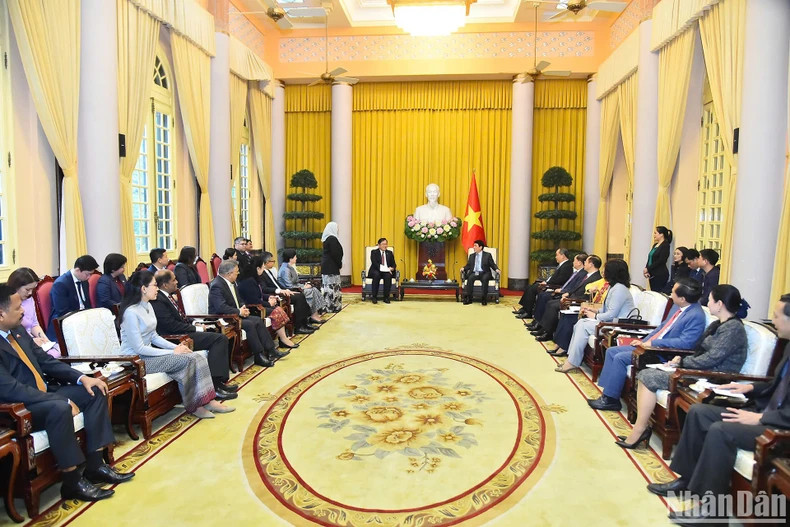 Le président Luong Cuong (à droite) reçoit les ambassadeurs et chargés d'affaires des pays de l'ASEAN et du Timor-Leste. Photo : NDEL.