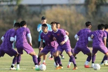 Des joueurs vietnamiens lors d'une séance d'entraînement, le 19 décembre à Vientiane. Photo : AFF.