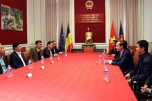 Lors de la séance de travail entre Trân Quôc Cuong, chef adjoint de la Commission des affaires intérieures du Comité central du Parti et l'ambassade du Vietnam à Bruxelles. Photo : VNA 