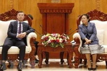 La vice-présidente permanente de l’Assemblée nationale du Laos Sounthone Xayachak recevant l’auditeur général d’État Ngô Van Tuân. Photo : VNA.