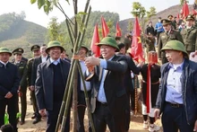 Le Président de l’Assemblée nationale Vuong Dinh Huê plantant un arbre dans la commune de Chân Son, province de Tuyên Quang, le 30 janvier. Photo : VNA.