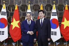 Le Président Nguyên Xuân Phuc (à gauche) et le Président de l'Assemblée nationale sud-coréenne, Kim Jin Pyo. Photo : VNA.