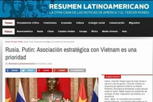Capture d'écran d'un article du Resumen Latinoamericano sur la visite du président russe Vladimir Poutine au Vietnam. Photo : VNA.