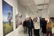 Thiery Beyne présente ses oeuvres à l'exposition, à l’espace Cosmopolis de Nantes. Photo : VNA.