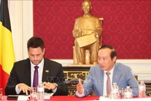 L'ambassadeur du Vietnam en Belgique et chef de la délégation vietnamienne auprès de l'UE, Nguyen Van Thao (droite), s'exprime au séminaire. Photo : VNA.