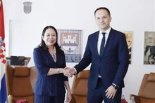 Zdenko Lucić, secrétaire d'État croate des Affaires étrangères chargé du Commerce extérieur et de la Coopération au développement, accueille la Vice-Présidente Vo Thi Anh Xuân. Photo: VNA