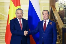Le secrétaire général du Parti communiste du Vietnam (PCV), To Lam, (gauche) et Dmitri Medvedev, président du Parti Russie unie (PRU) et vice-président du Conseil de sécurité russe. Photo : VNA.