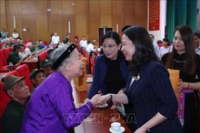 La Présidente par intérim Vo Thi Anh Xuân et des personnes ayant rendu des services méritoires à la Patrie à Thai Nguyên. Photo : VNA.