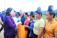 La vice-présidente Vo Thi Anh Xuan remet des cadeaux aux personnes touchées. Photo : VNA.