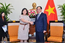 Le ministre des Affaires étrangères, Bùi Thanh Son, et la représentante américaine au commerce Katherine Tai, à Hanoi, le 13 février. Photo : baoquocte.vn