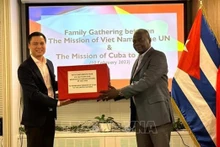 L’ambassadeur Dang Hoàng Giang remet le cadeau à l’ambassadeur Pedro Luis Predoso Cuesta. Photo : VNA.
