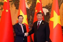 Le Président vietnamien Vo Van Thuong (à gauche) et le Secrétaire général et Président chinois Xi Jinping se serrent la main. Photo : VNA