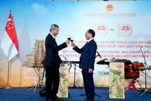 Le ministre vietnamien des Affaires étrangères, Bùi Thanh Son (à droite), et le ministre singapourien des Affaires étrangères, Vivian Balakrishnan, lors de la célébration. Photo : baoquocte.vn