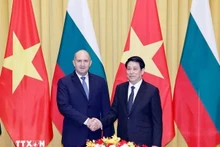 Le président bulgare Rumen Radev (à gauche) et le président vietnamien Luong Cuong se serrent la main. Photo : VNA.