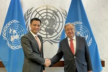 L'ambassadeur Dang Hoàng Giang (à gauche), chef de la Mission permanente du Vietnam auprès de l'ONU, et le secrétaire général de l'ONU, Antonio Guterres. Photo : VNA.
