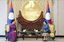 La Vice-Présidente laotienne, Pany Yathotou (à droite) reçoit la présidente de l’Union des Femmes vietnamiennes, Hà Thi Nga. Photo : VNA.