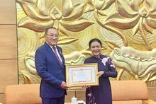 L'ambassadrice Nguyên Phuong Nga remet l'Insigne "Pour la paix et l'amitié entre les nations" à l'ambassadeur du Kazakhstan au Vietnam, Yerlan Baijanov. Photo : VNA.