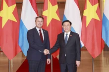 Le Président de l’Assemblée nationale du Vietnam, Vuong Dinh Huê (à droite) et le Premier ministre luxembourgeois, Xavier Bettel se serrent la main. Photo : VNA.
