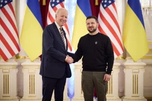 Le Président américain Joe Biden (à gauche) et son homologue ukrainien lors d'une réunion à Kiev. Photo : Spoutnik.