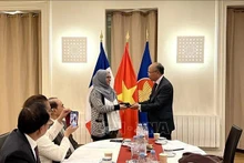 L'ambassadeur du Vietnam en France, Dinh Toan Thang, a présidé le 6 septembre au siège de l'ambassade une réunion du Comité de l'ASEAN à Paris (ACP), au cours de laquelle il a officiellement transmis la présidence tournante de l'ACP à la chargée d'affaires de l'ambassade du Brunei. Photo : Thu Ha/VNA.