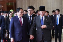 Le Premier ministre vietnamien, Pham Minh Chinh (à gauche), et le sultan du Brunei, Hassanal Bolkia, après leur entretien. Photo : VNA.