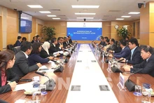 Séance de travail entre les dirigeants de l’EVN et du PLN. Photo : bnews.vn.