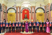 La présidente par intérim Vo Thi Anh Xuân (10e à partir de la gauche) et les nouveaux ambassadeurs, à Hanoi, le 24 février. Photo : baoquocte.vn