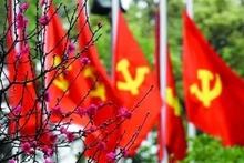 Des drapeaux frappés de la faucille et du marteau au milieu des fleurs de pêcher. Photo : VNA.