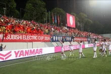 La joie de l'équipe vietnamienne à Singapour. Photo : VNA.