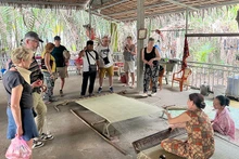 Des touristes étrangers regardent des villageois pratiquant le tissage des nattes dans la commune de Nhon Thach, province de Bên Tre. Photo : NDEL