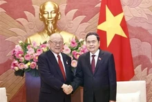 Le président de l'Assemblée nationale, Tran Thanh Man (droite), et Takebe Tsutomu, conseiller spécial de l'Alliance d'amitié parlementaire Japon-Vietnam. Photo : VNA.