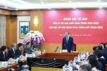 Le secrétaire général du Parti, Tô Lâm (debout), s’exprime lors de la séance de travail avec la Commission des politiques et des stratégies du Comité central du Parti, à Hanoi, le 24 février. Photo : VNA.