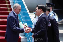 Le ministre Trân Van Son, chef du Bureau gouvernemental (à droite), accueille le Premier ministre australien, Anthony Albanese (à gauche), à l'aéroport international de Nôi Bài. Photo : VNA.