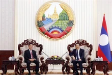 Le Premier ministre du Laos Sonexay Siphandone reçoit le secrétaire du Comité provincial du Parti, président du Conseil populaire provincial Thai Thanh Quy. Photo : VNA