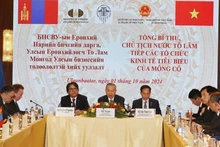 Le secrétaire général du Parti communiste du Vietnam et président vietnamien, To Lam (au milieu), rencontre des représentants d'organisations économiques de premier plan de Mongolie. Photo: VNA