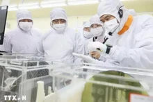 Le Premier ministre vietnamien Pham Minh Chinh visite la ligne de production de puces semi-conductrices de Hana Micro Vina Co., Ltd. Photo : VNA.