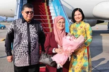 La cérémonie d’accueil du président de la Chambre des représentants de Malaisie, Tan Sri Dato' Johari Bin Abdul, et son épouse à l’aéroport international de Noi Bai à Hanoi. Photo : VNA