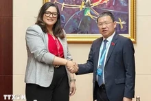 Le président de la Commission des relations extérieures de l'Assemblée nationale (AN) du Vietnam, Vu Hai Ha, et Salma Benaziz, présidente de la Commission des affaires étrangères, de la défense nationale, des affaires islamiques et des Marocains résidant à l’étranger de la Chambre des représentants du Maroc. Photo : VNA.