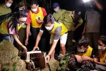Des gens participent à une visite «Ramener les animaux à la maison» dans le parc national de Cuc Phuong, dans la province de Ninh Binh (au Nord du Vietnam). Photo : VNA.